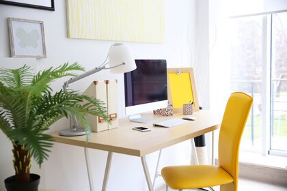 Stylish home office with plant and natural light