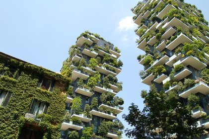 worm's-eye view photography of building surrounded with plants